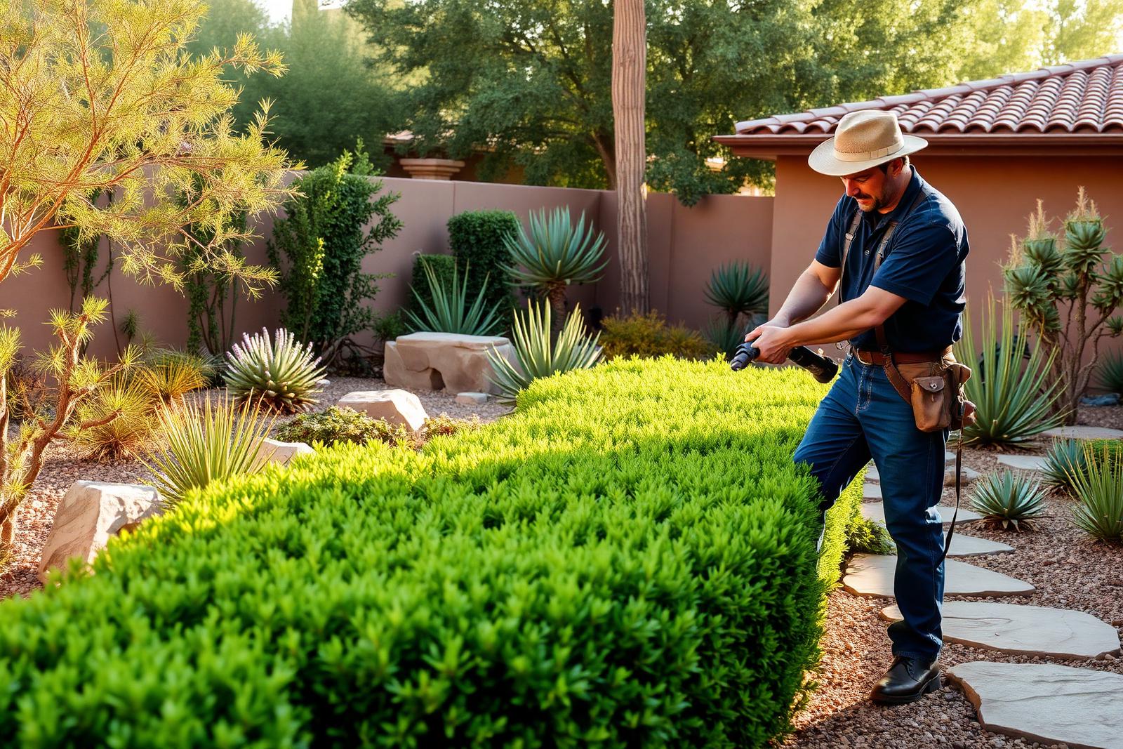 Luis trimming hedges in a Prescott Valley yard